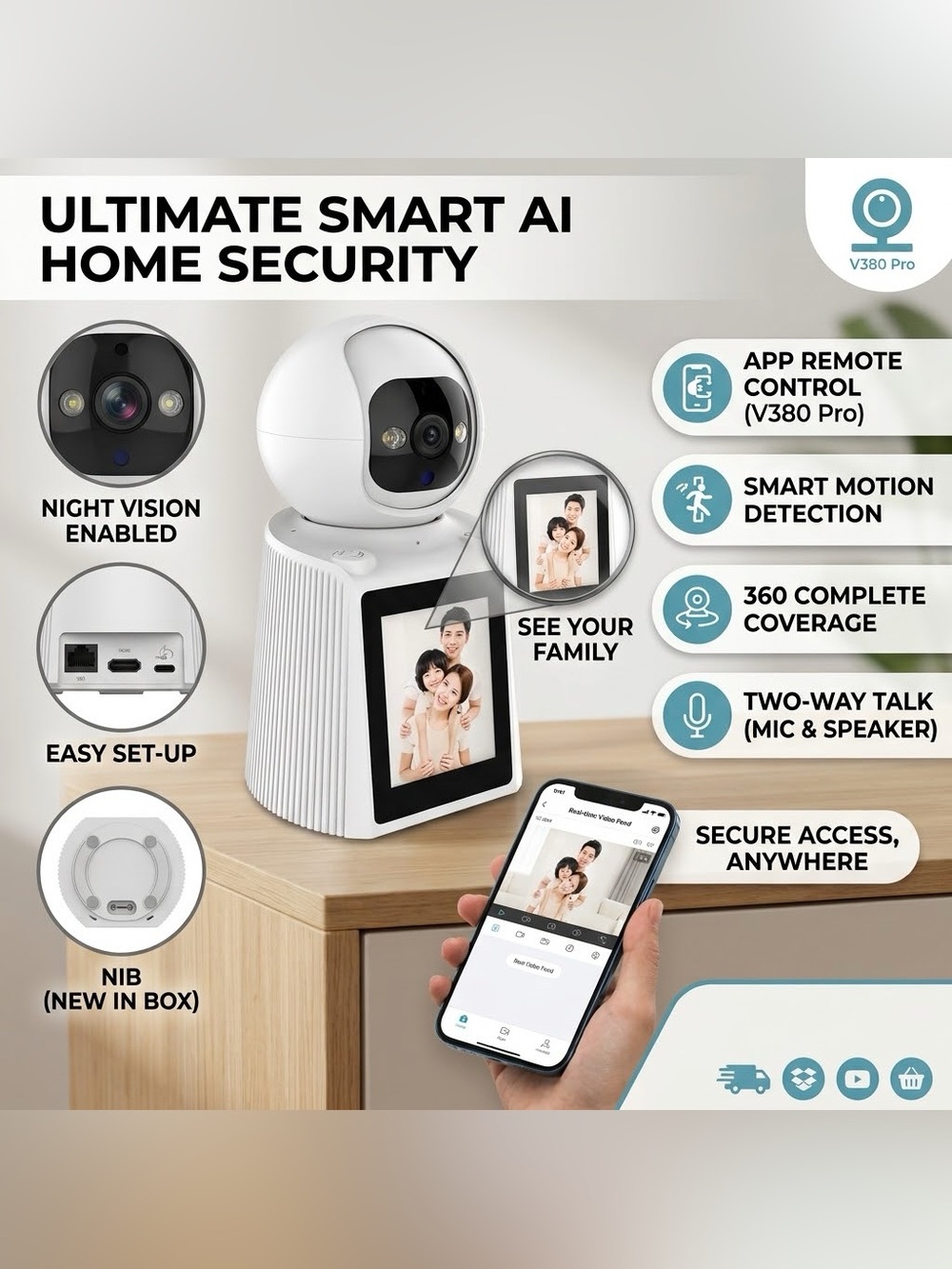 Smart AI Home Security Camera - Night Vision, 360 Coverage NIB